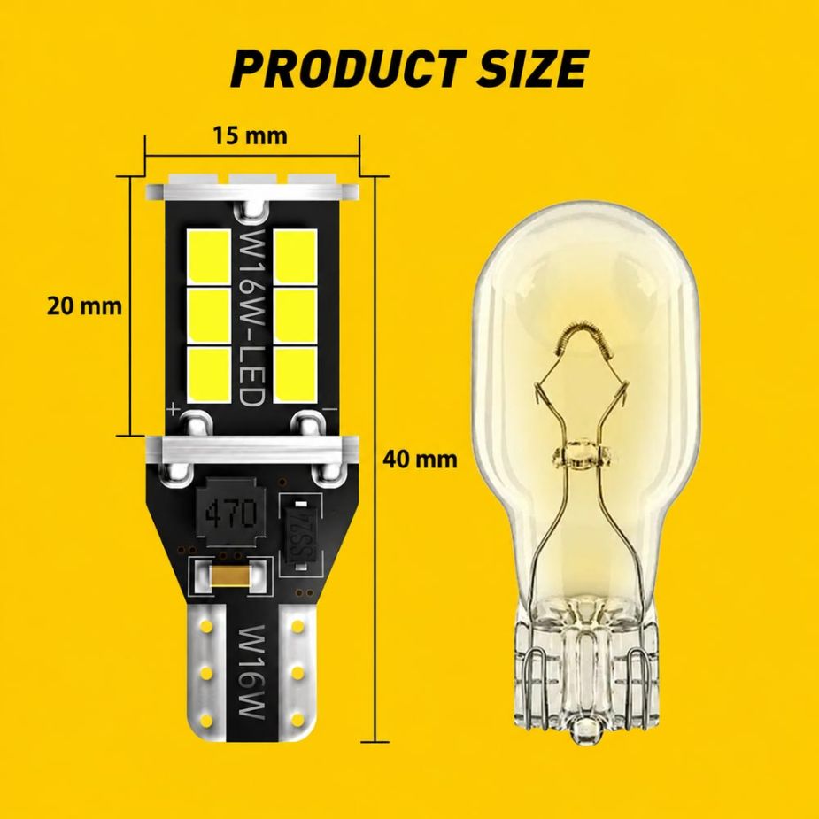 Порівняння габаритних розмірів LED лампи AUXITO T15 W16W та галогенної автолампи