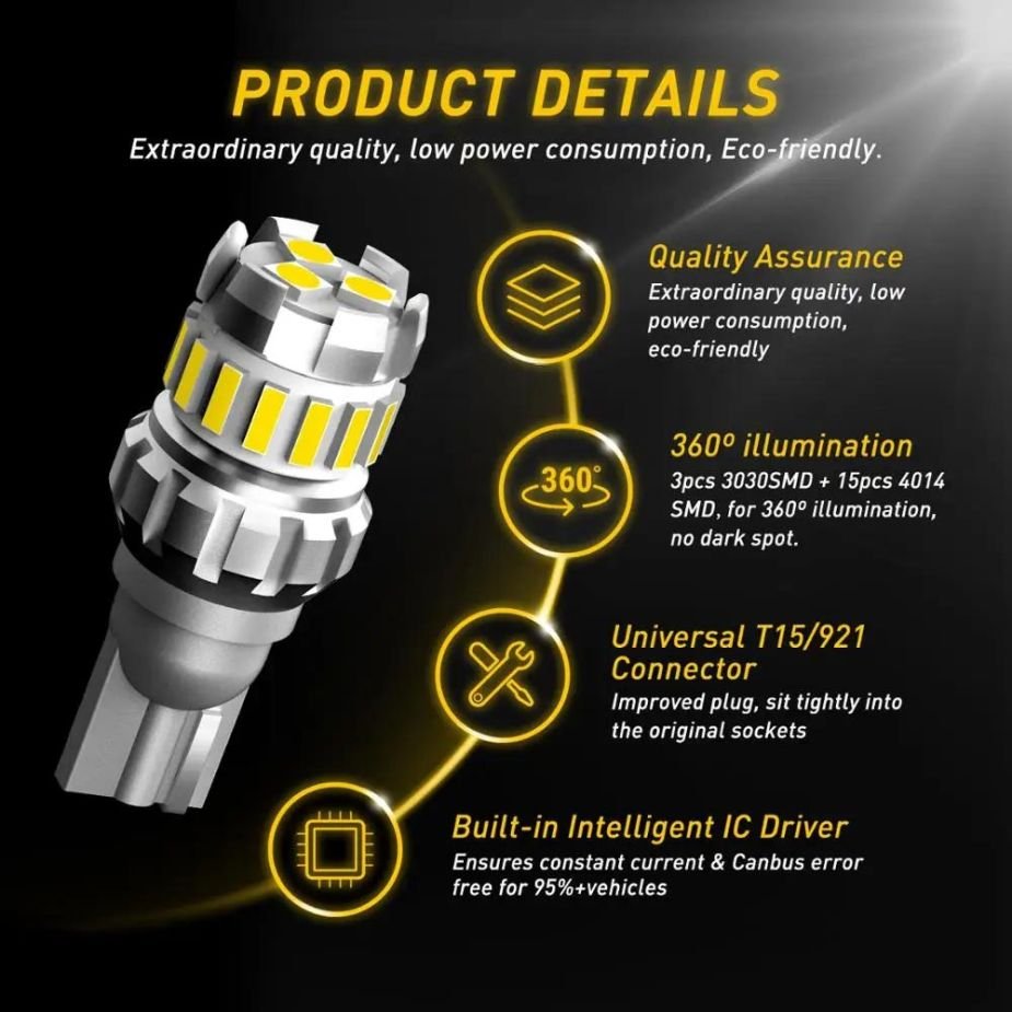 Автолампа LED AUXITO T15 W16W з кутом світіння 360 градусів та Canbus