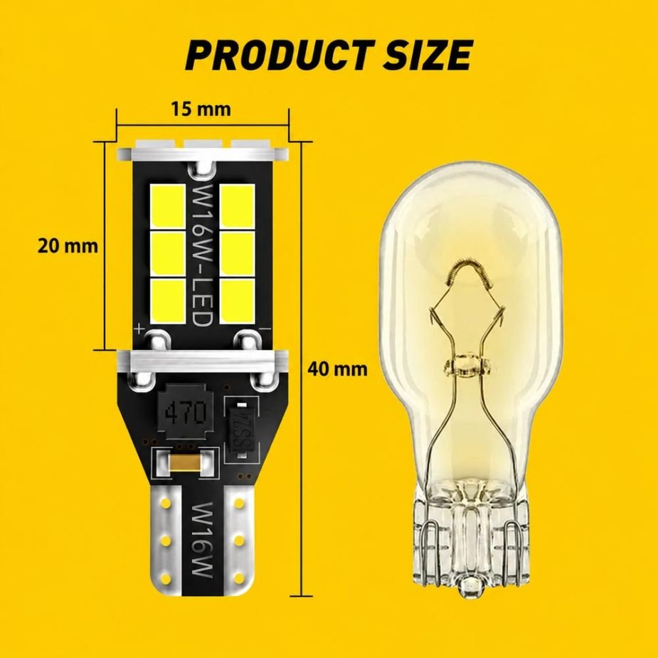Порівняння габаритних розмірів LED лампи AUXITO T15 W16W та галогенної автолампи